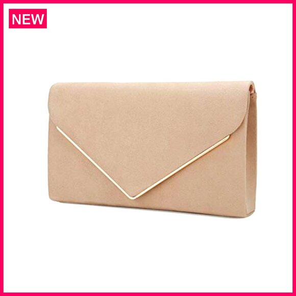 Faux Suede Clutch Bag with Metal Binding, Detachable Chain Strap for Evening